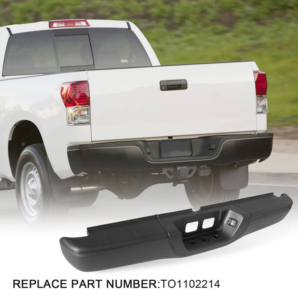 Black rear step bumper assembly installed on truck rear with corner brackets