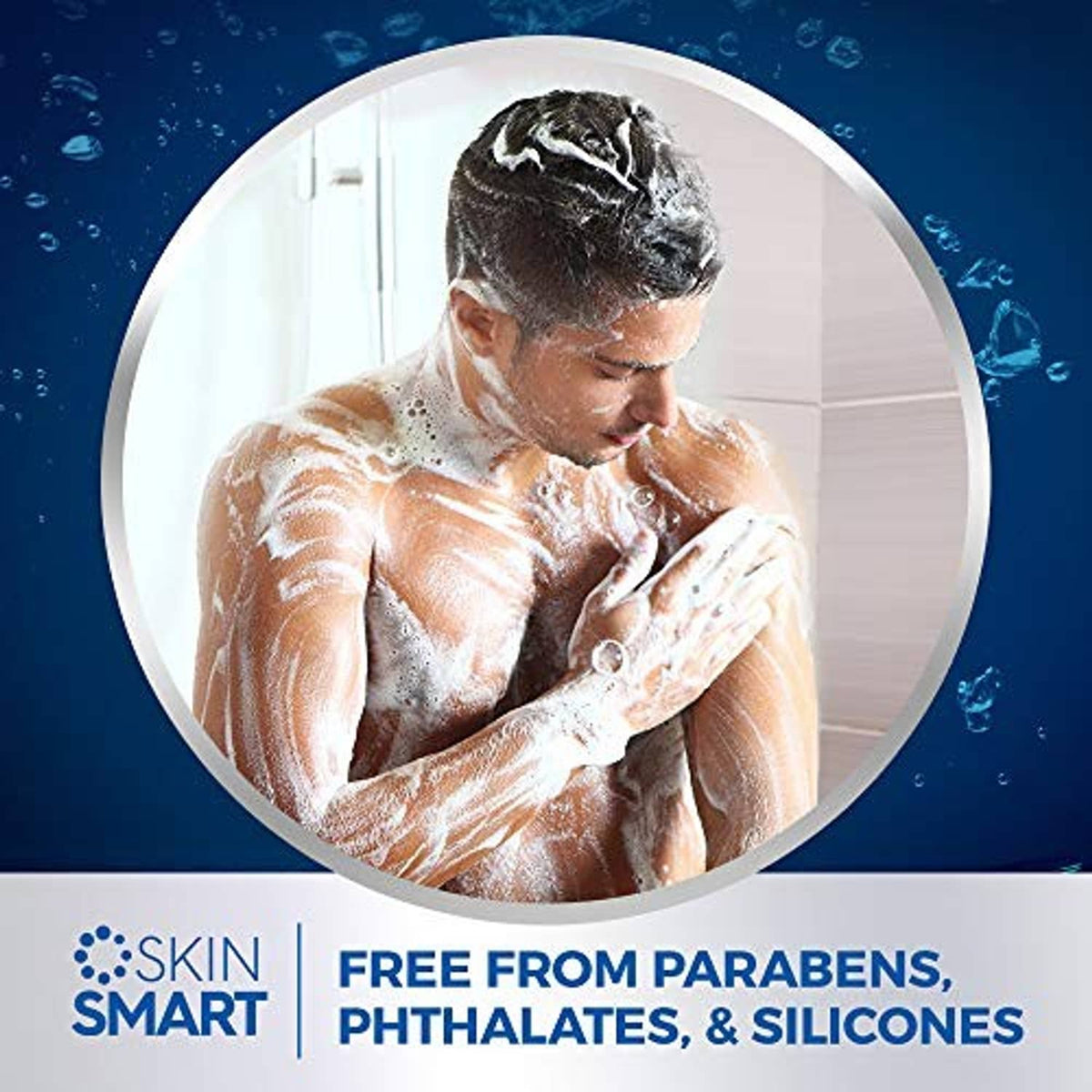 Men's body wash marketing graphic showing a man lathering and showering