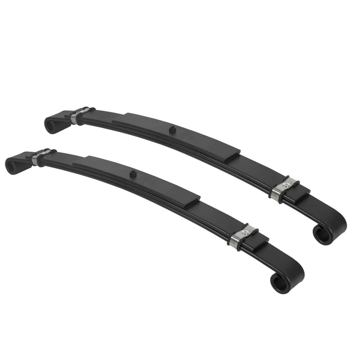 Black rear leaf springs with end bushings and center mount plates, two-piece set