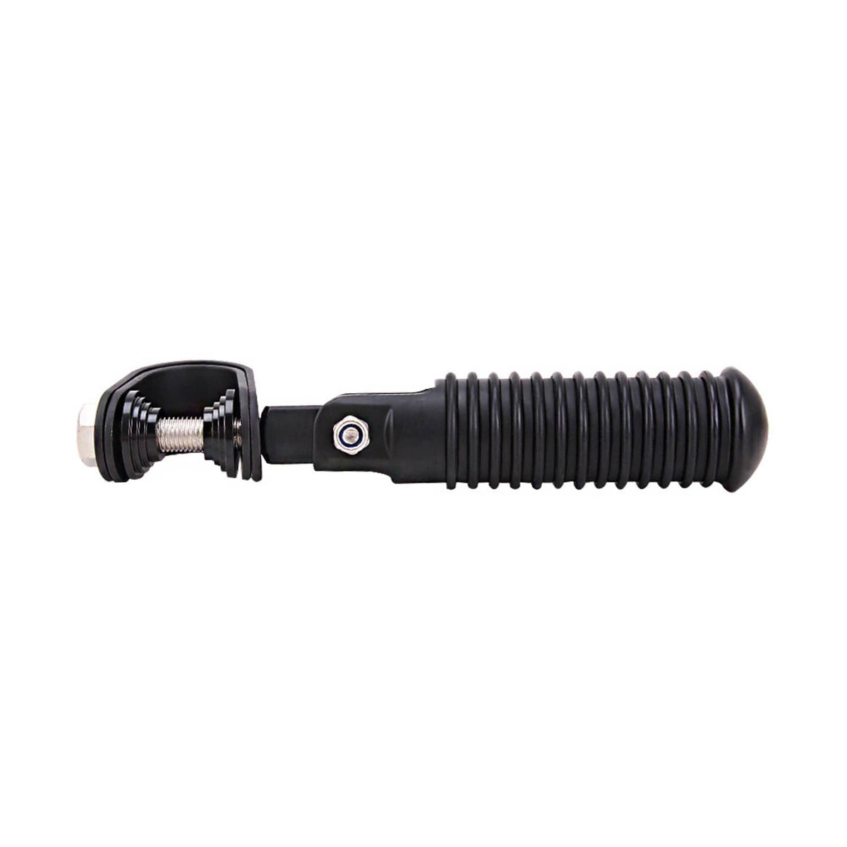 Black crash foot peg with threaded U-bolt mount and ribbed rubber grip