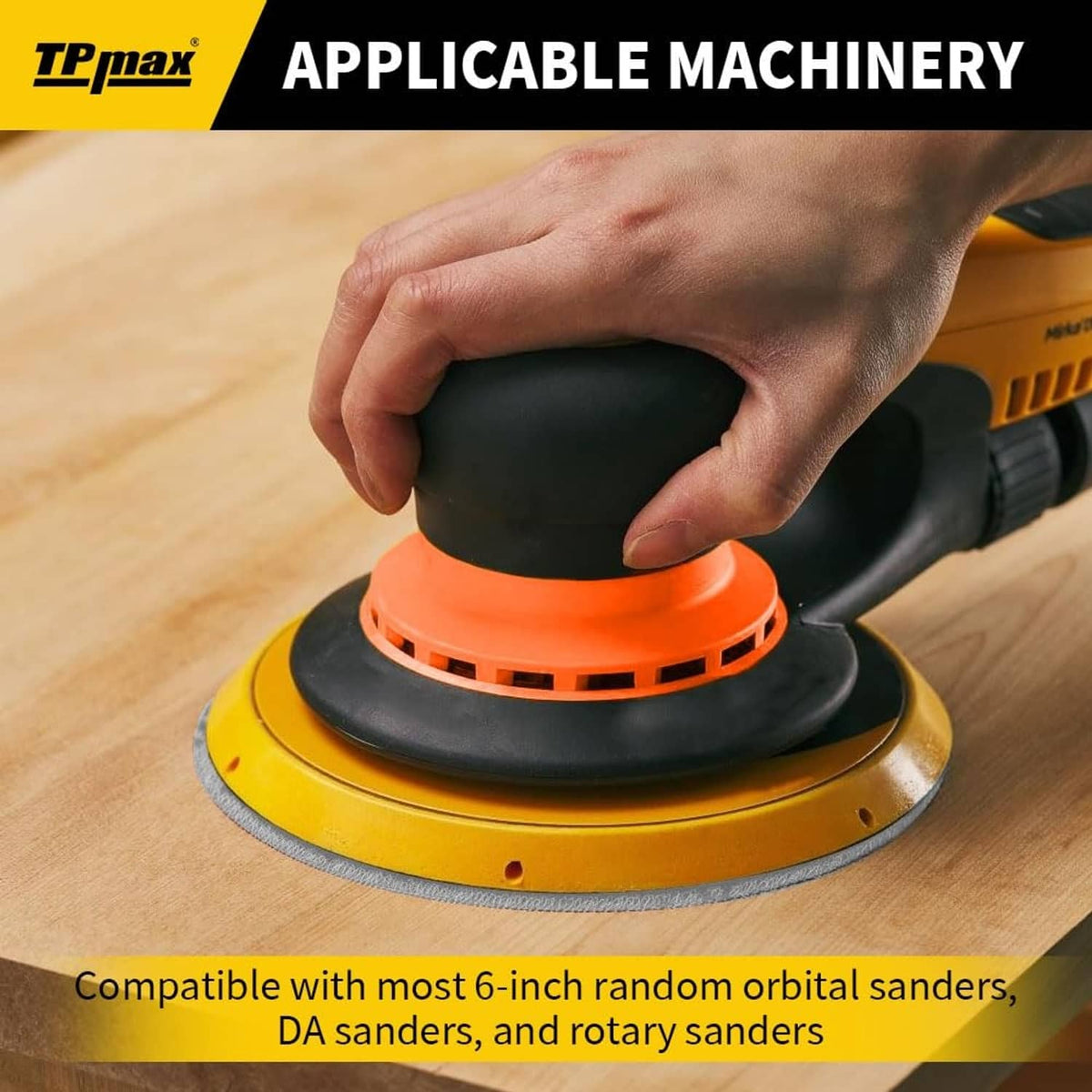 Gold 6-inch sanding disc with 6 holes mounted on an orbital sander pad