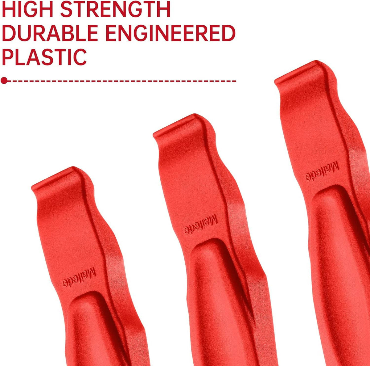 Set of three red plastic bicycle tire levers with molded grip grooves.