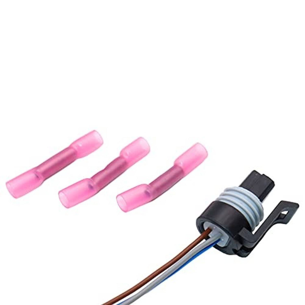 Close-up of sensor connector and pink insulated terminals on the wire harness