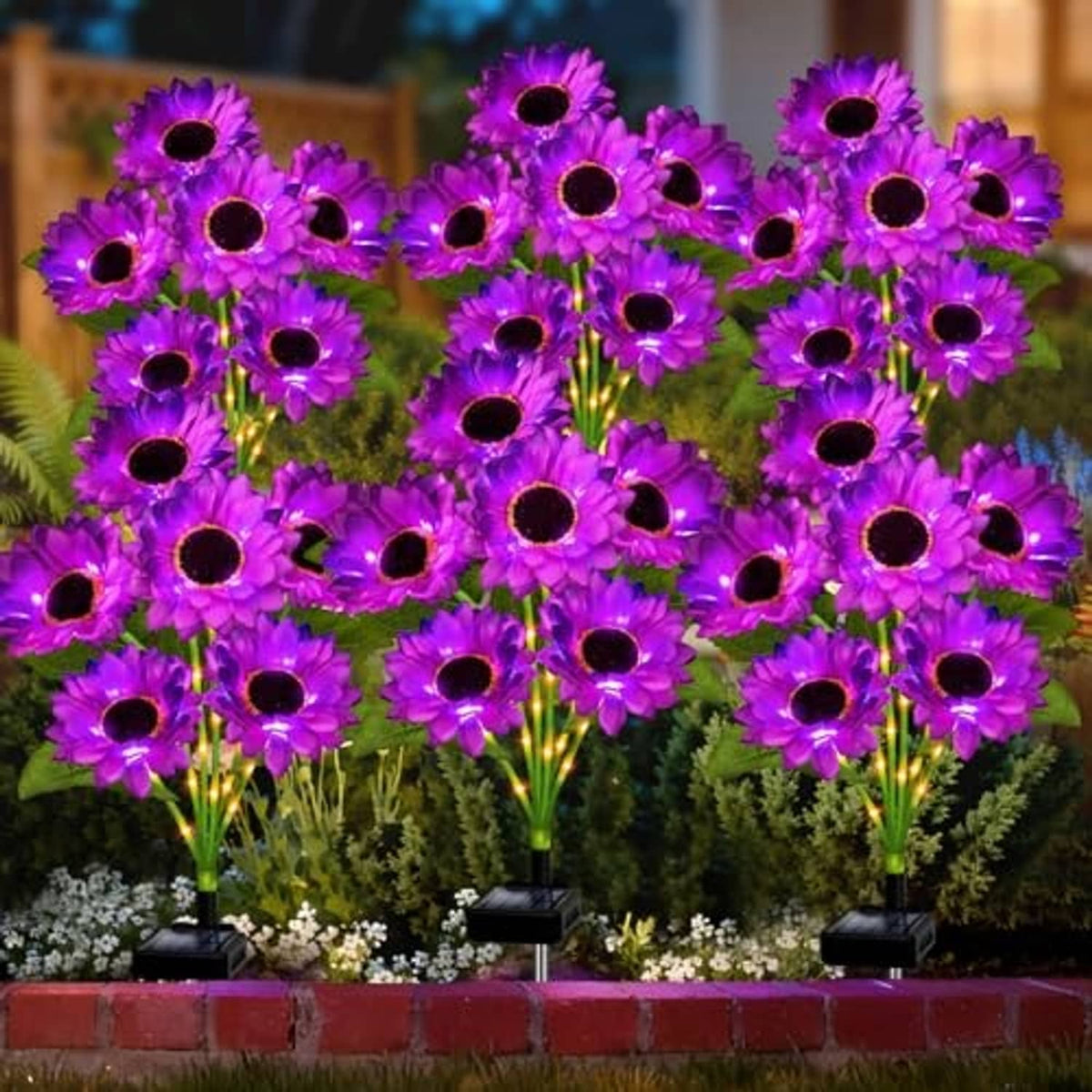 Purple sunflower solar lights, many blooms with black ground stakes in a garden planter.