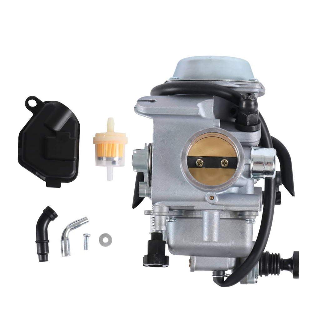 ATV carburetor with throttle housing, brass bore, black air cover, and fuel filter