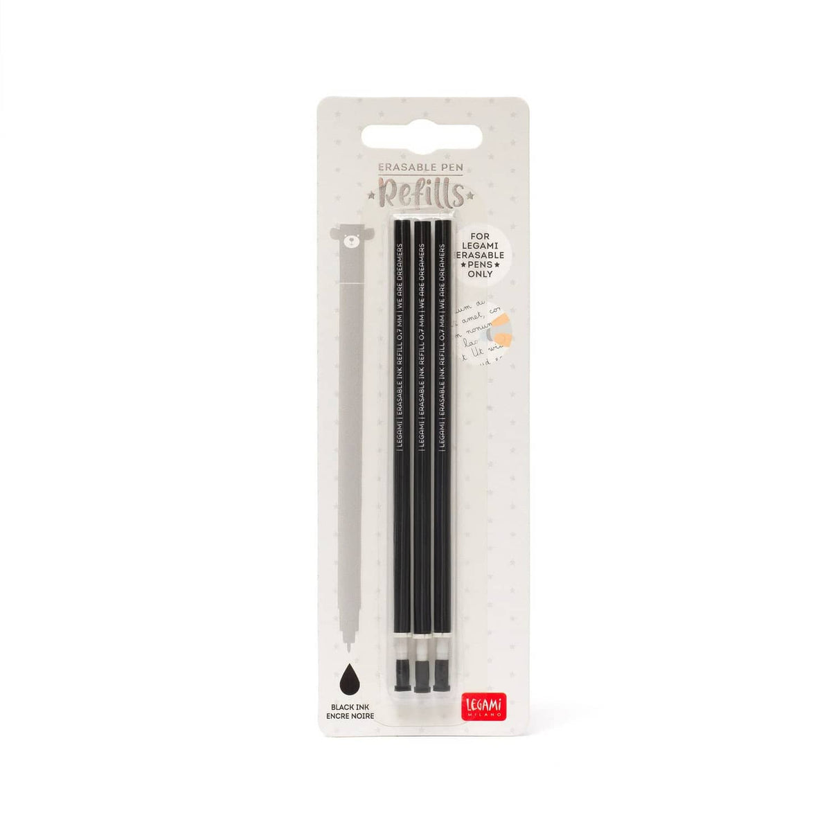 Pack of three black ink refills for erasable gel pens, 0.7mm tips