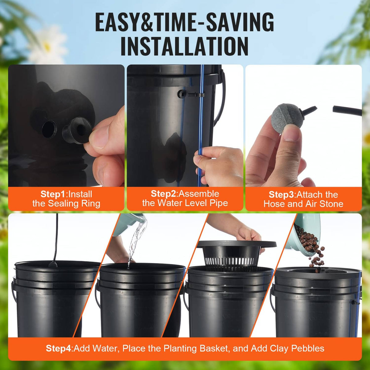 Hydroponic system parts: black buckets, sealing ring, and pump with air stone