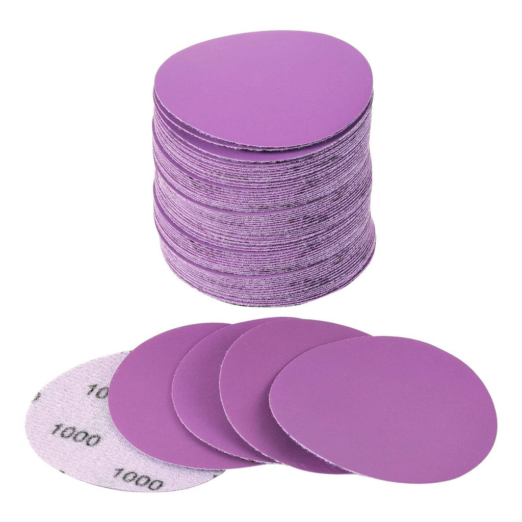 Purple 3-inch sanding discs stack, fine grit for drill sanding