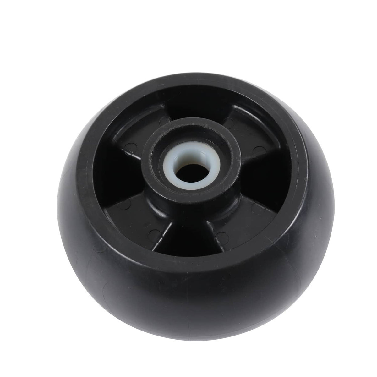 Black deck mower wheel with center bearing and black hub cover plate