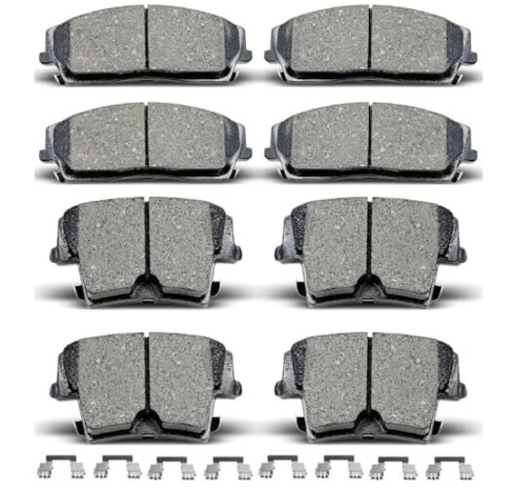 Ceramic brake pads set with clips, front and rear pads shown in a stacked layout