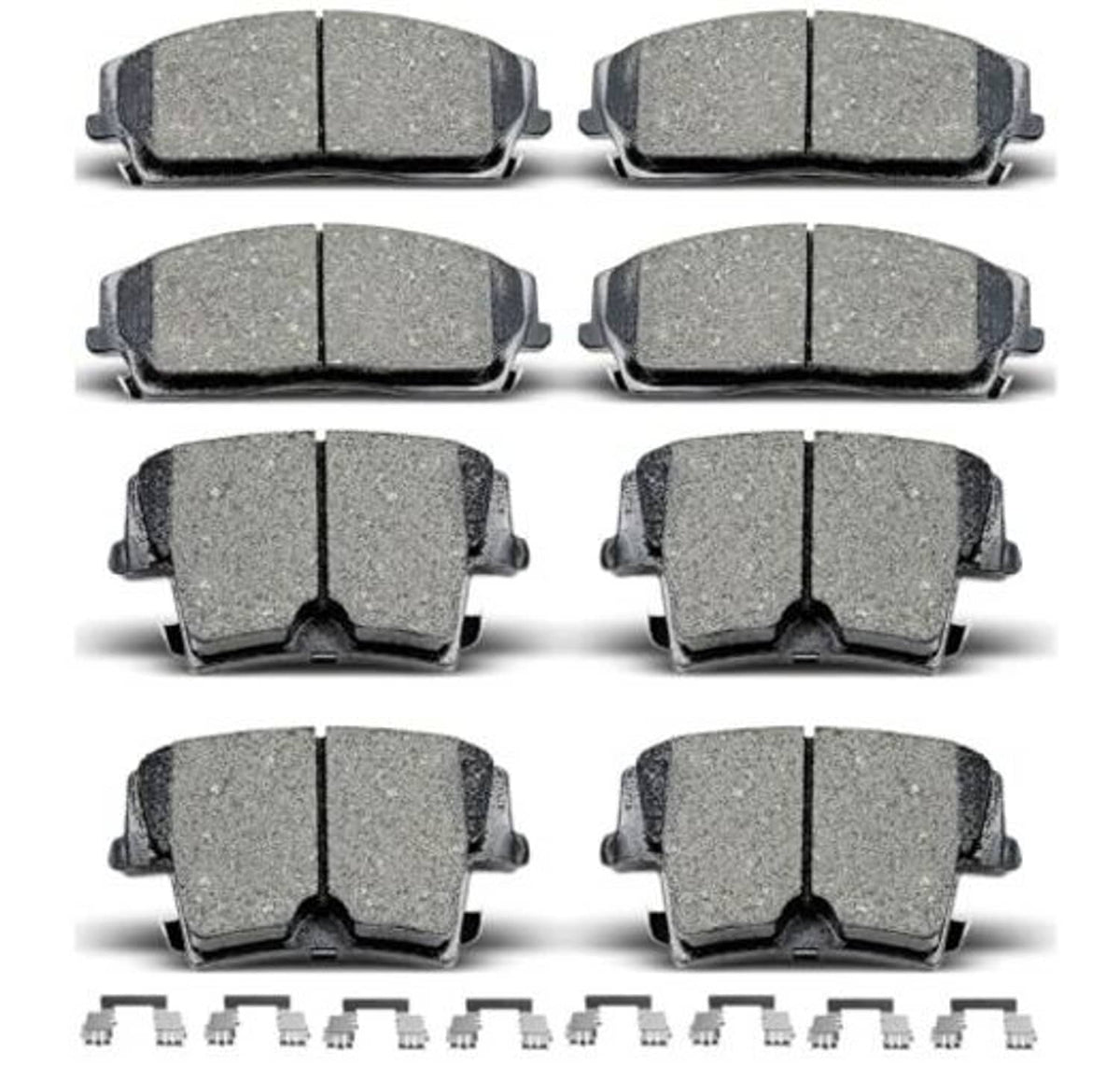 Ceramic brake pads set with clips, front and rear pads shown in a stacked layout