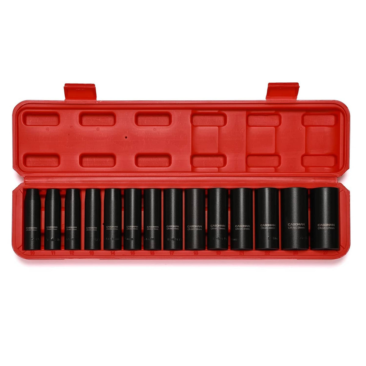 Red socket organizer case with a row of black deep impact sockets