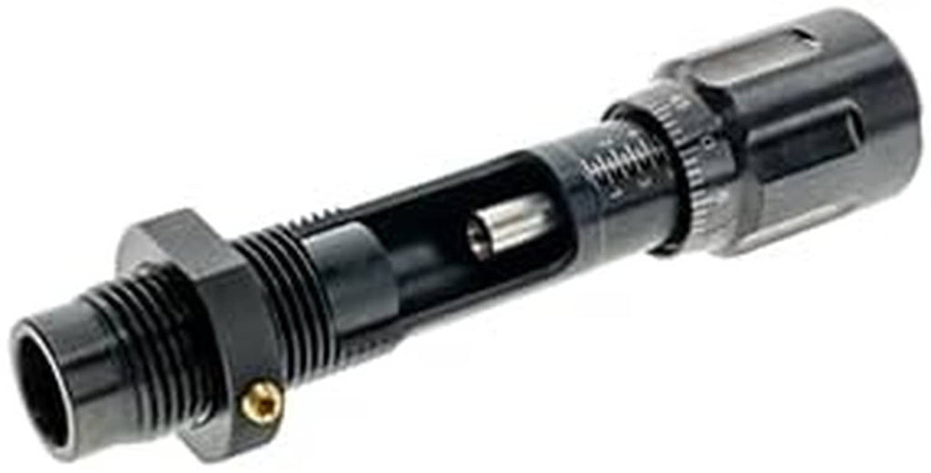 Bullet seating die with micrometer stem and threaded adjustment, close-up