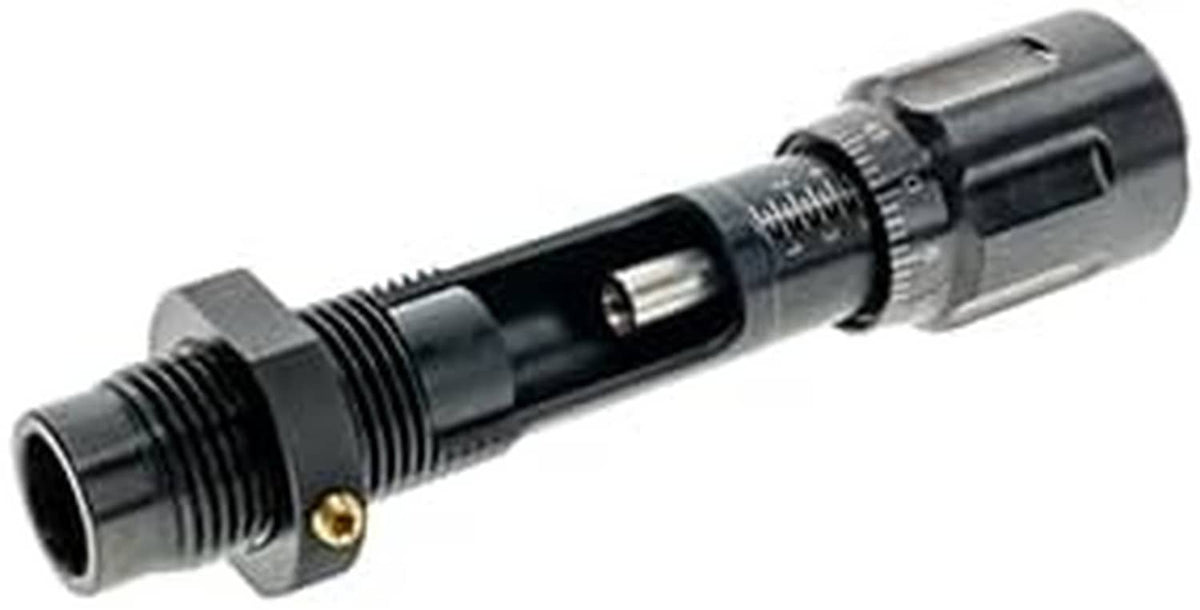 Bullet seating die with micrometer stem and threaded adjustment, close-up