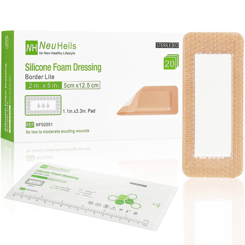 Tan silicone foam border dressing pack with sterile dressing and leaflet
