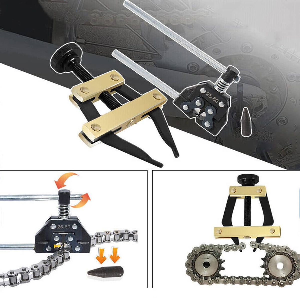 Roller chain breaker cutter kit with handle tool and roller chain segment