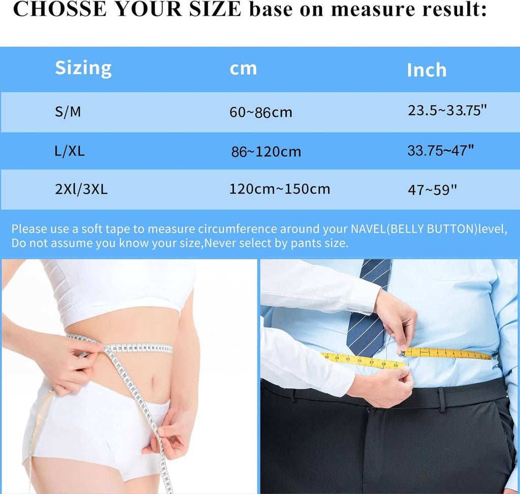 Back brace sizing chart with measurement ranges in cm and inch