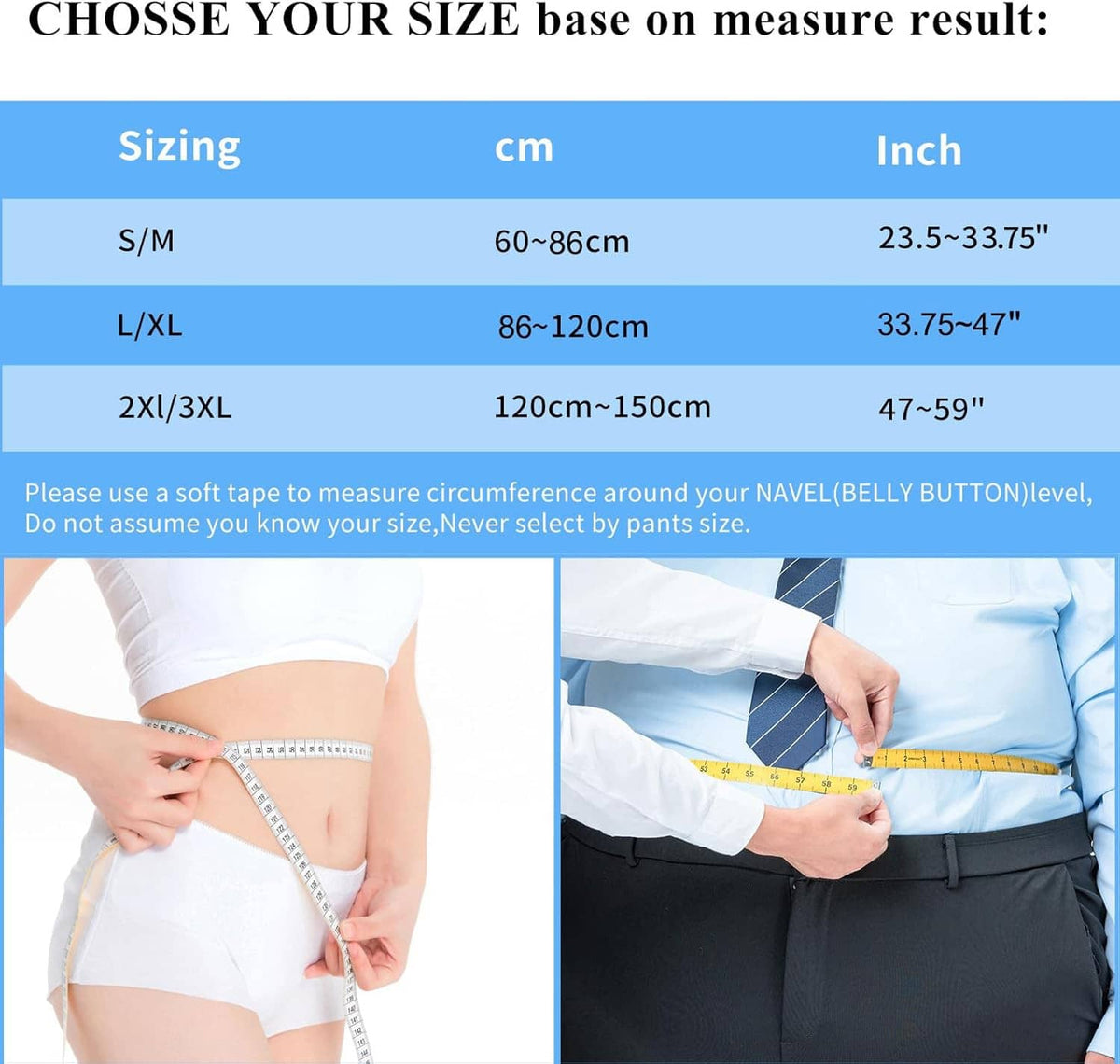 Back brace sizing chart with measurement ranges in cm and inch