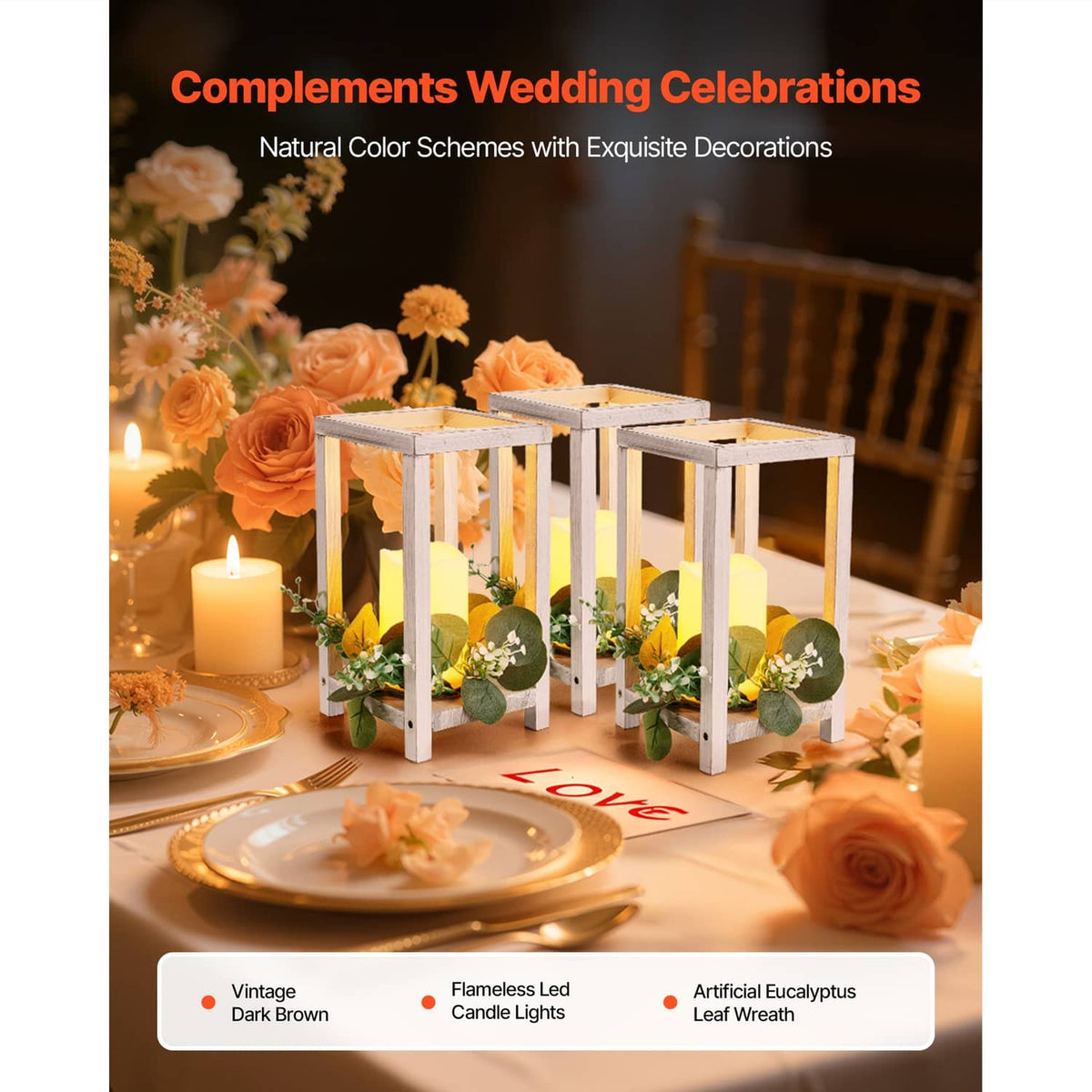 White wooden lantern decor with LED candles and faux eucalyptus greenery, table centerpiece