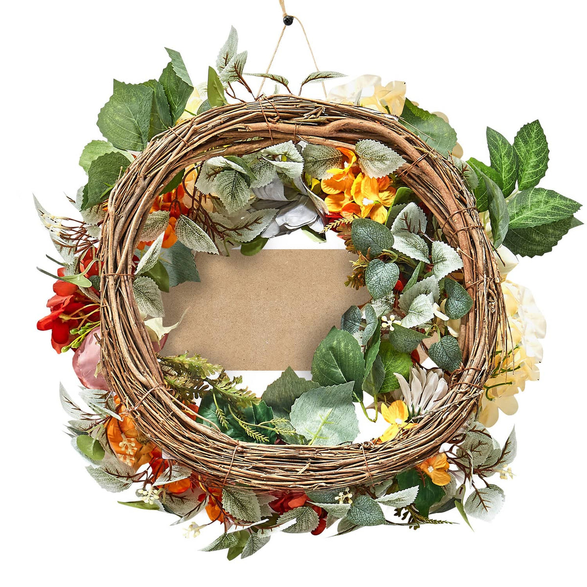 24-inch grapevine floral wreath with orange roses and mixed green leaves, hanging loop