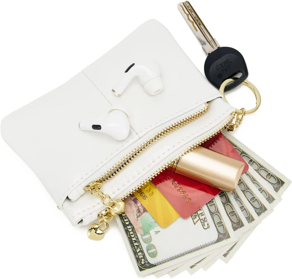 White mini triple-zip coin/card holder with key ring, open compartments