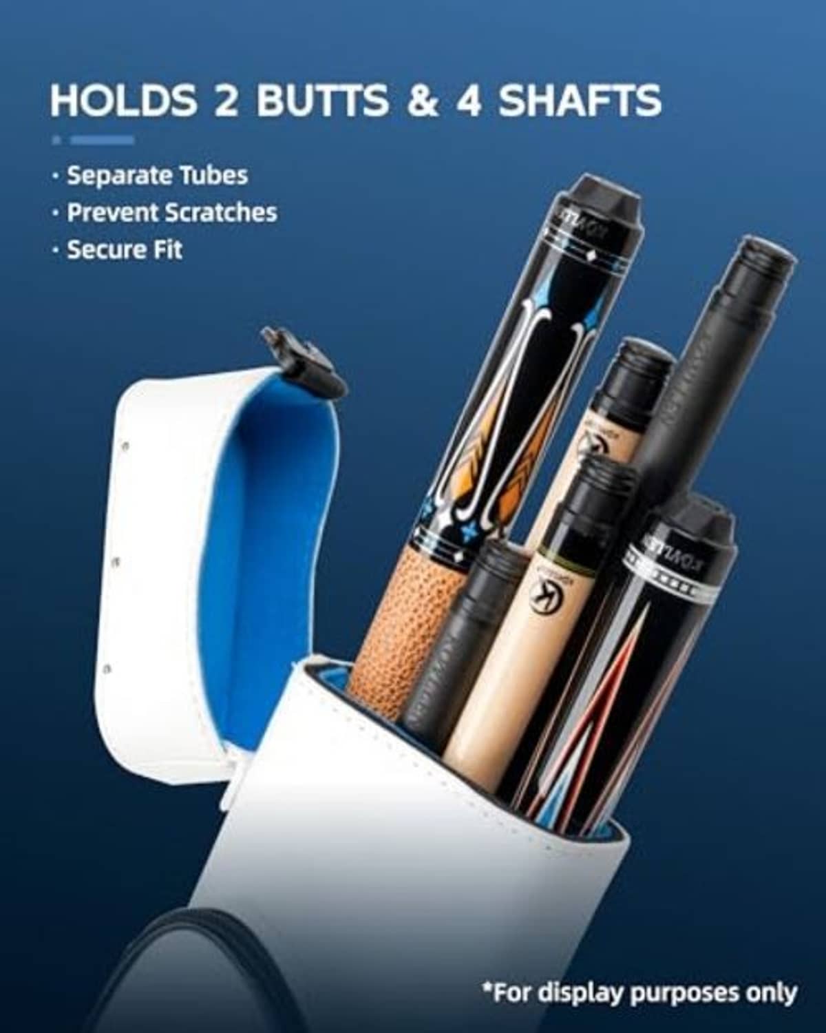 Hard pool cue case, open with two butts and four shafts in black-and-white slots