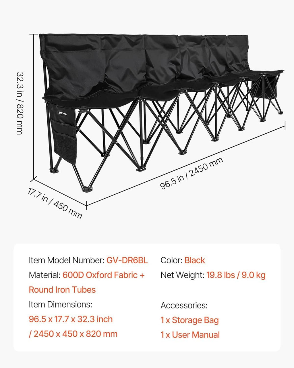 Black folding bench with storage pocket; backrest and legs with size measurements