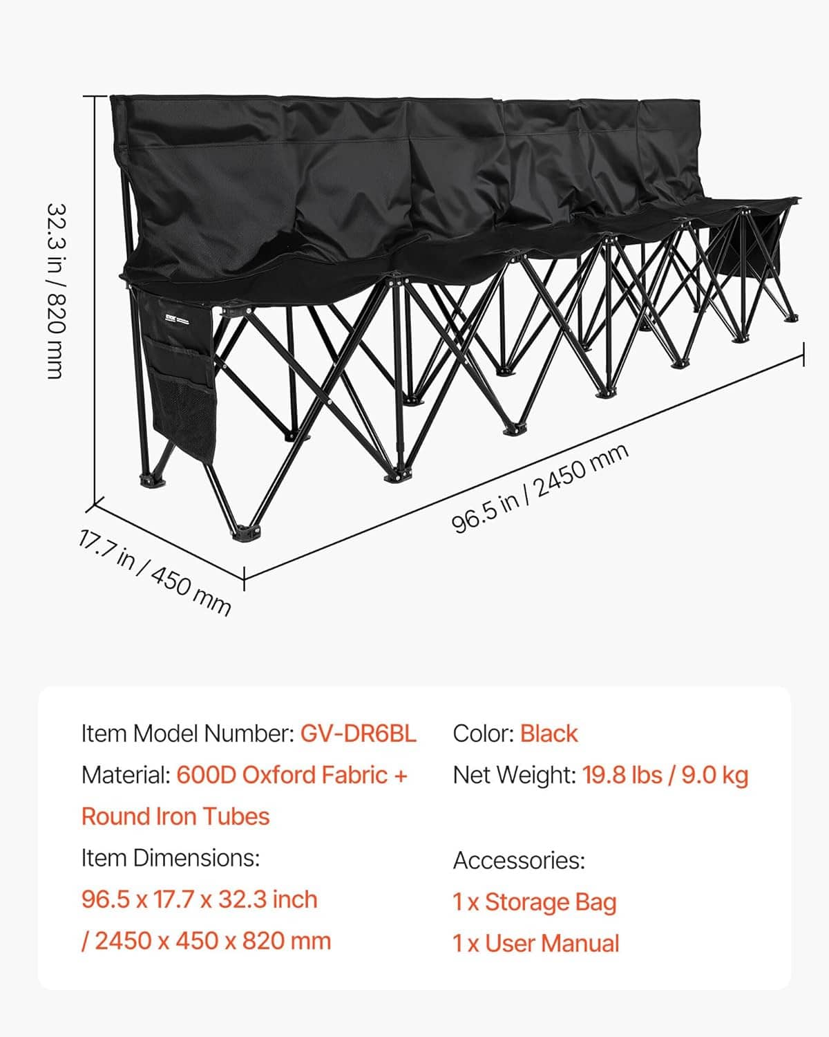 Black folding bench with storage pocket; backrest and legs with size measurements