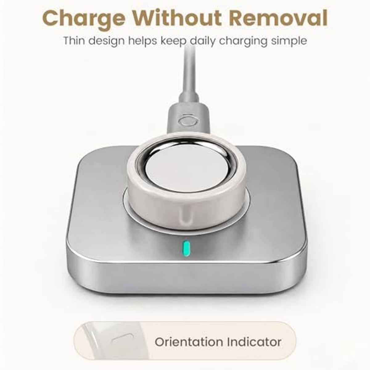 Gray charging dock with white ring cover attached and small indicator light