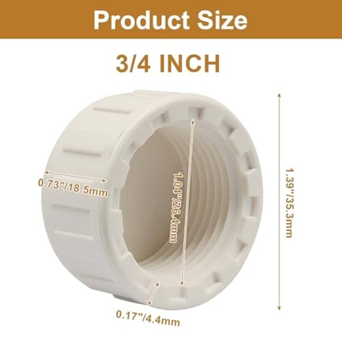 3/4 in white PVC end pipe cap fitting, female thread opening with size diagram