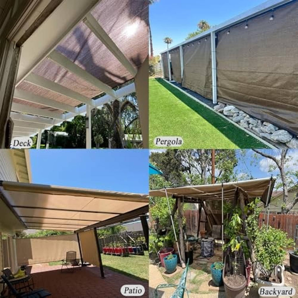 Brown woven shade cloth installed on outdoor deck, pergola, and patio structures