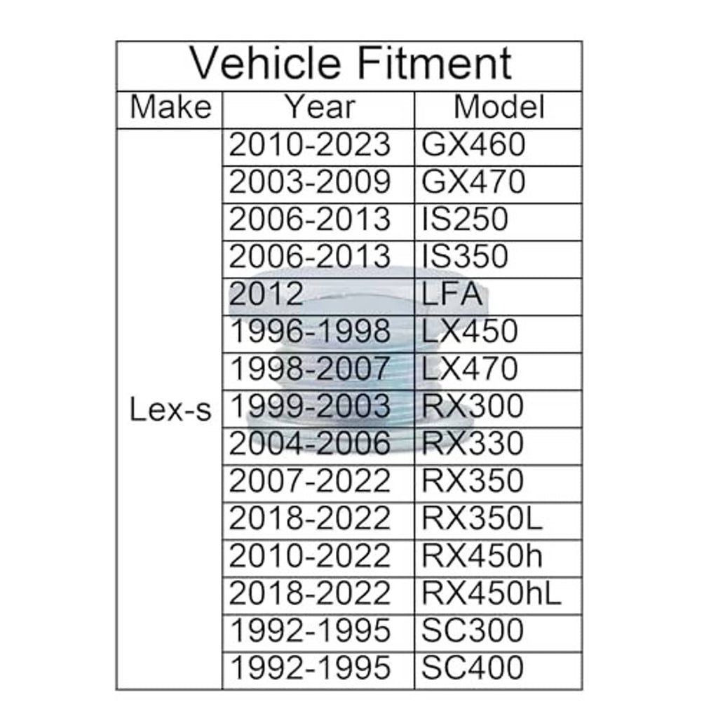 Vehicle fitment chart table for Lexus models and years