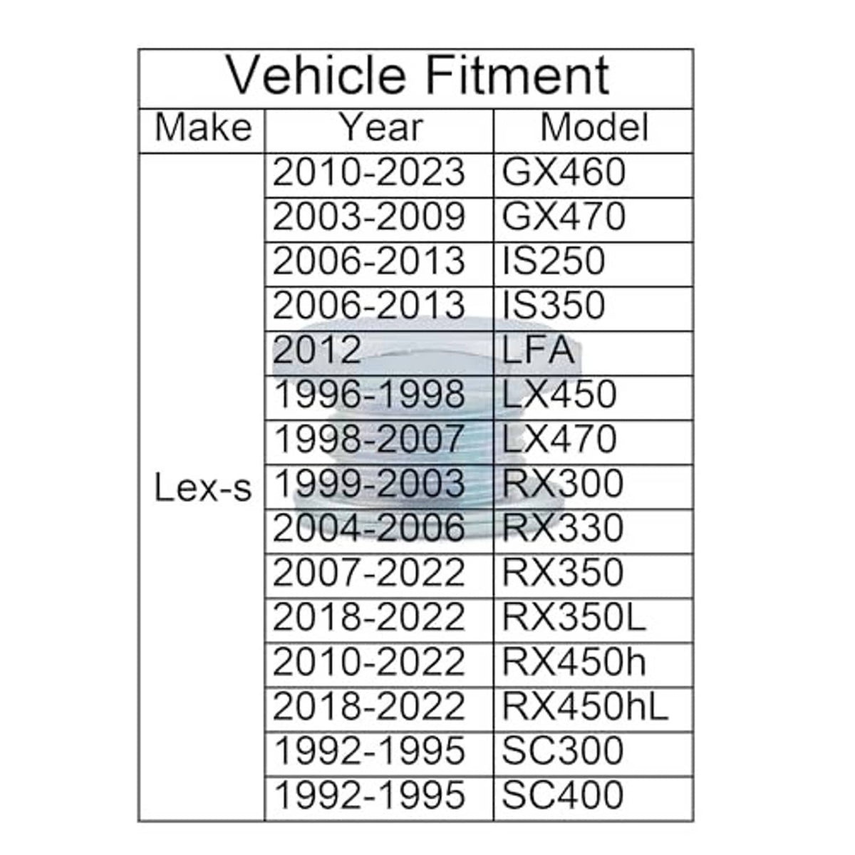 Vehicle fitment chart table for Lexus models and years