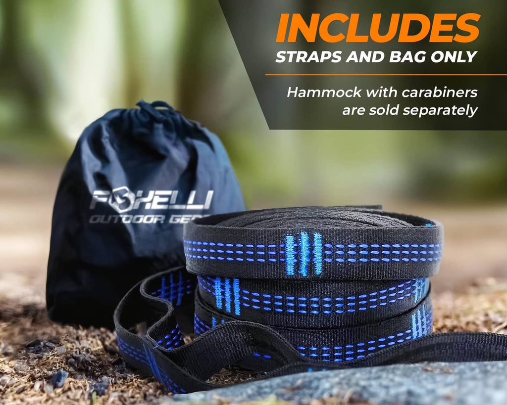 Coiled blue-and-black hammock straps with matching carry bag, straps only