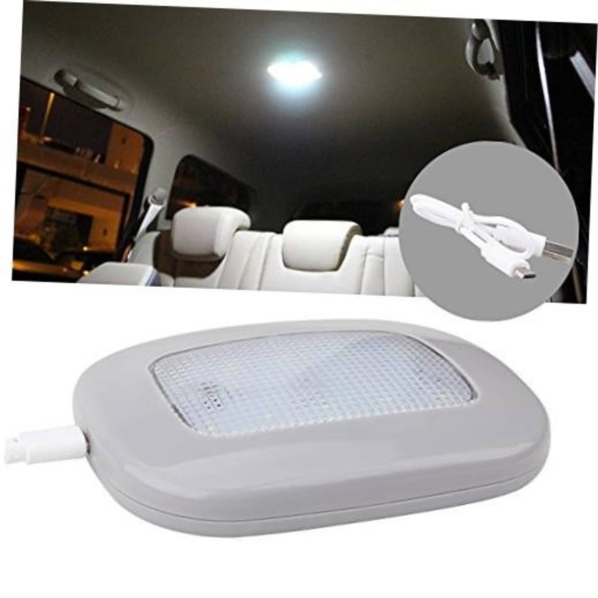 Gray magnetic dome LED light installed on car ceiling with glowing panel