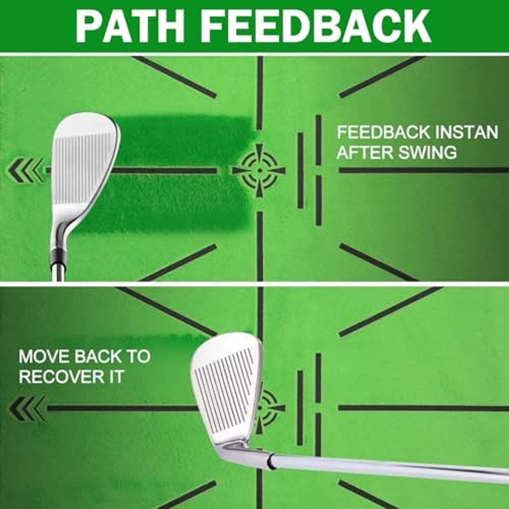 Green golf practice mat with alignment lines and visible feedback target guides
