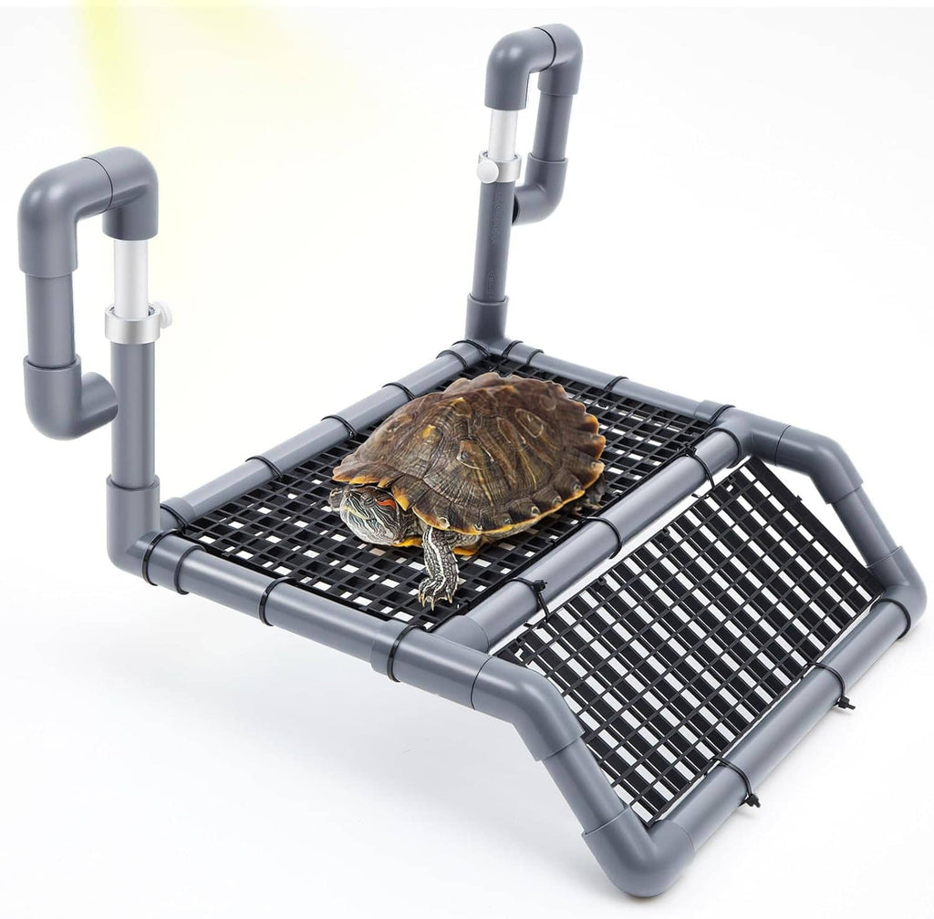 Adjustable hanging turtle basking platform with black mesh grid and curved support tubes