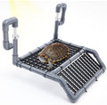 Adjustable hanging turtle basking platform with black mesh grid and curved support tubes