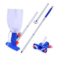 Pool jet vacuum with blue base, silver poles, and white vacuum bag