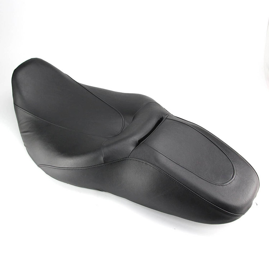 Black contoured motorcycle seat with smooth surface and stitched side panels for comfort.