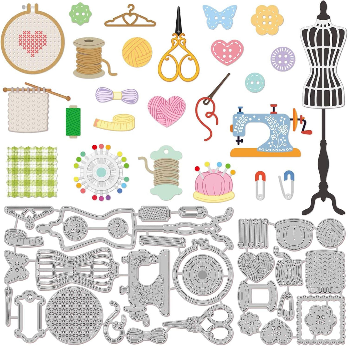 Sewing-themed metal dies assortment: sewing machine, tools, hearts, butterflies, thread spools
