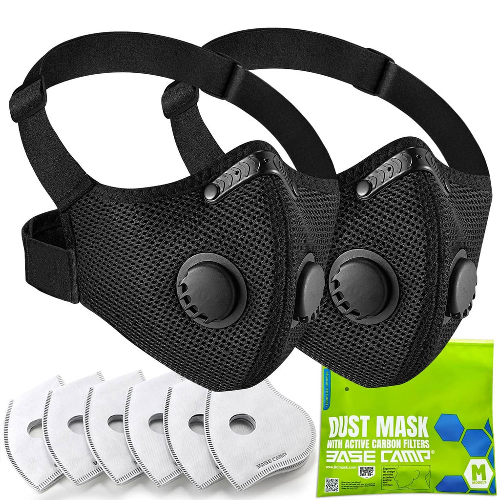 Black dust mask respirator with mesh front and round inhalation/exhalation valves