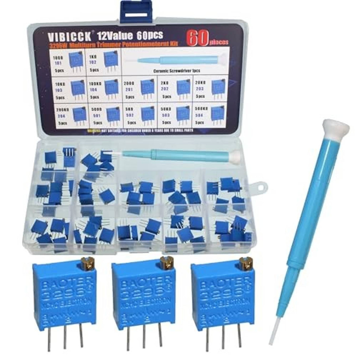 Multiturn trimmer potentiometer kit, open case with blue resistors and three potentiometers