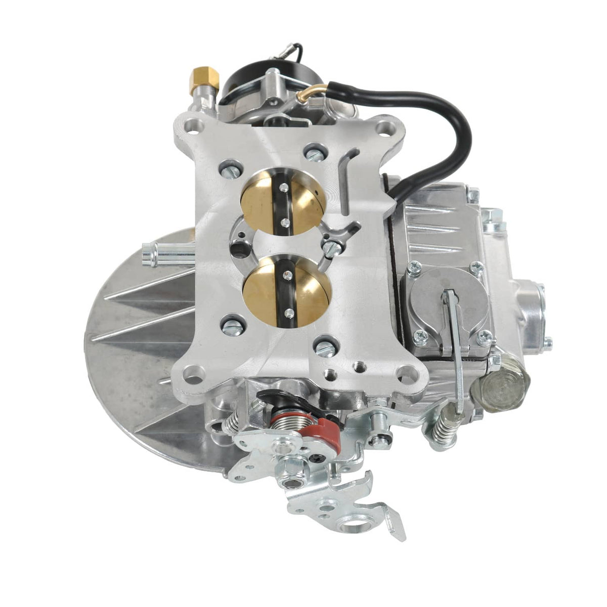 Two-barrel carburetor assembly, top side view with two gold throttle bores