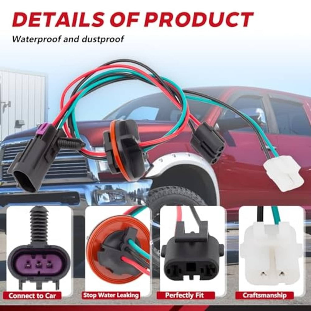 Headlight lamp wiring harness with sockets and connectors installed on a pickup front