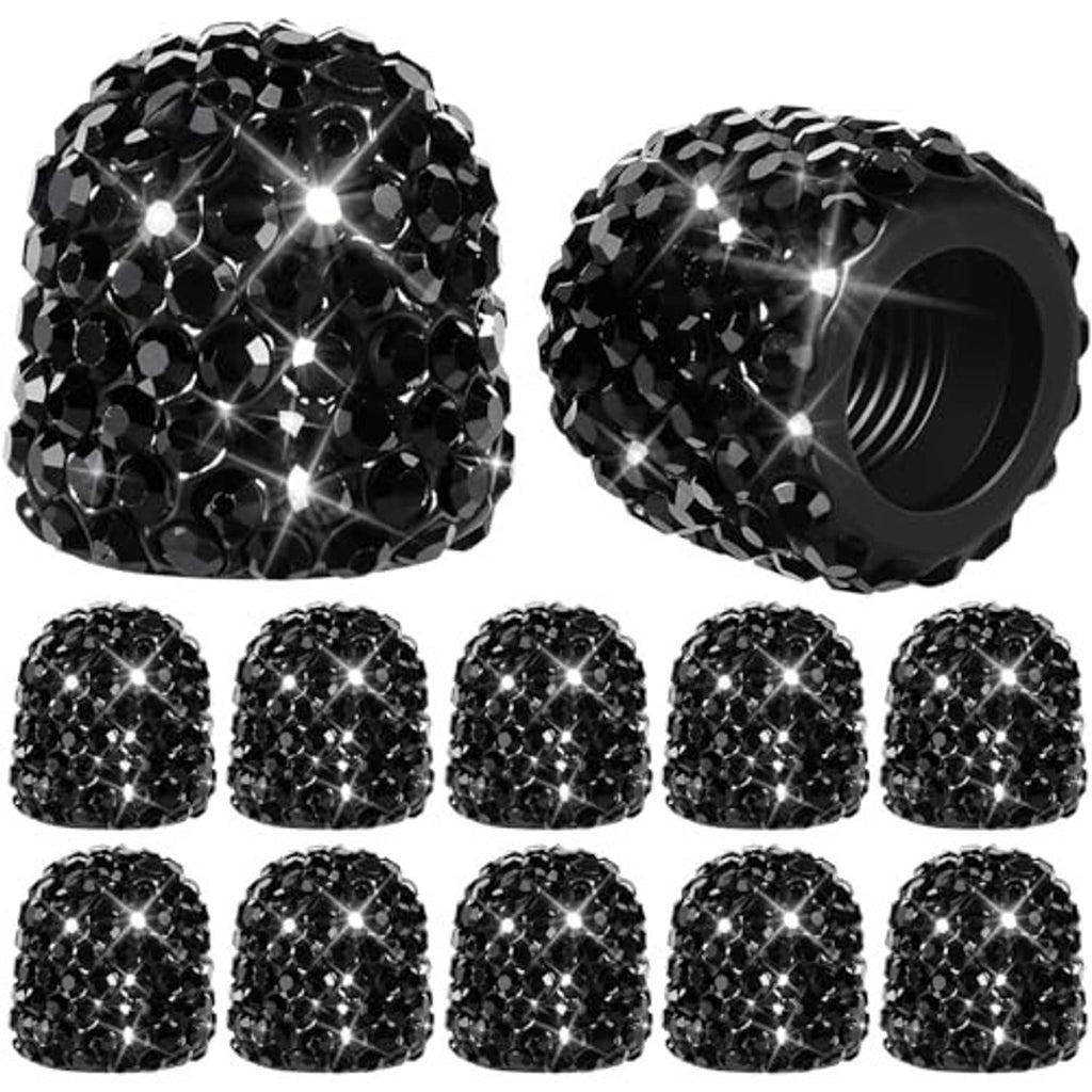 Black rhinestone tire valve stem caps pair, faceted sparkle texture with threaded opening