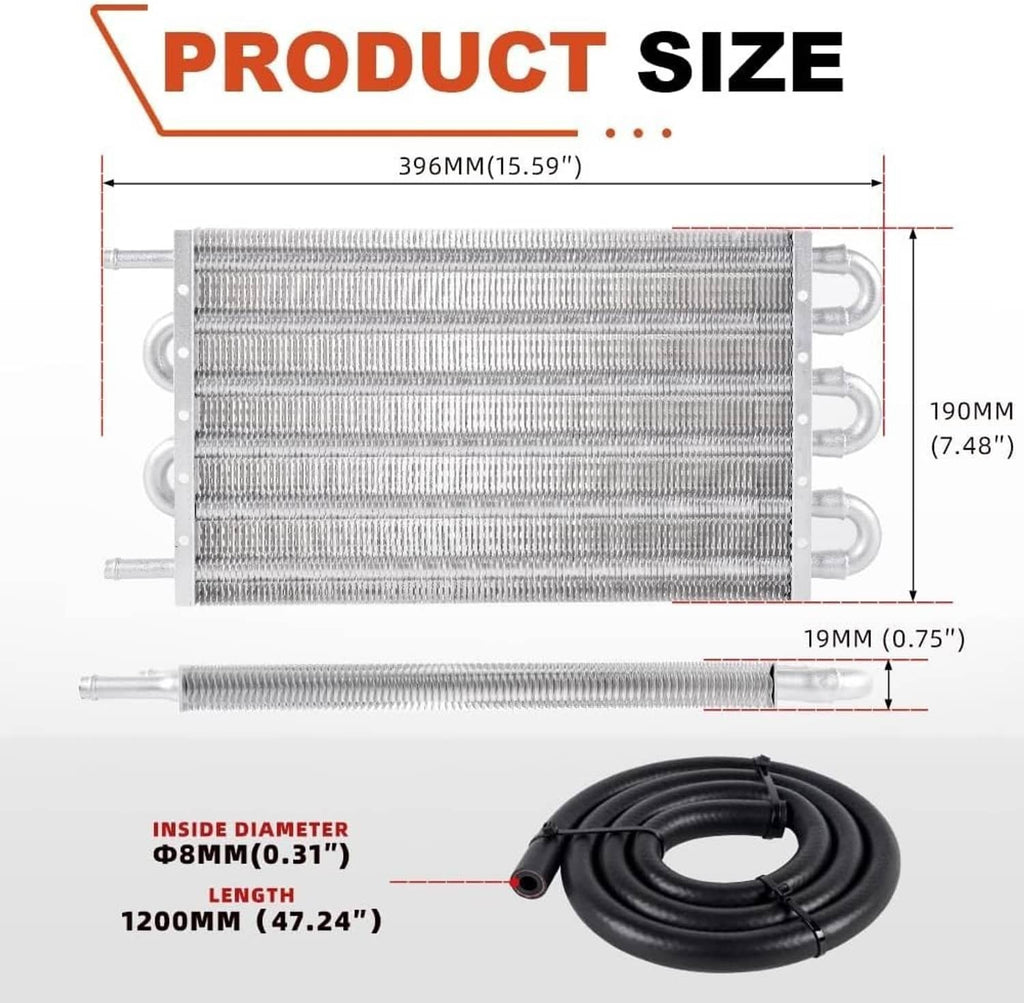 Transmission oil cooler radiator with included hose and dimensioned design