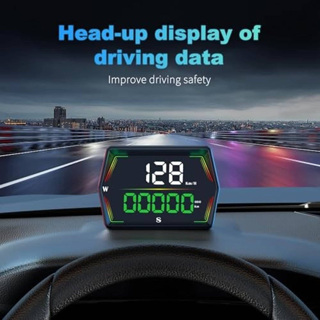 HUD speedometer showing 128 km/h and green trip digits in a rectangular bezel