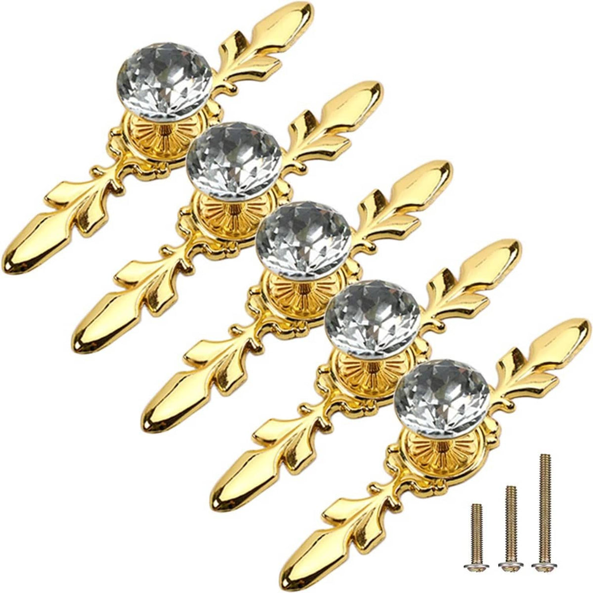 Gold decorative glass crystal drawer knobs with clear faceted stones and leaf arms, 5 pack