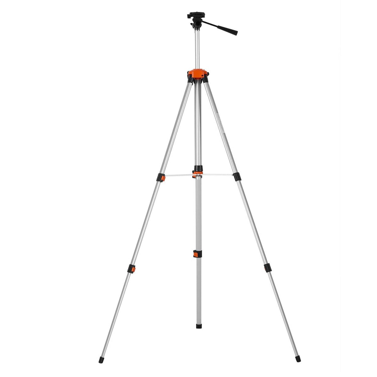 Laser level tripod with orange adjustment collar and three silver aluminum legs